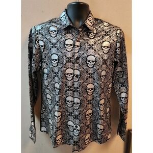 VatPave Brand New Button Down Skull Shirt Faux Silk, Ultra Smooth, Small